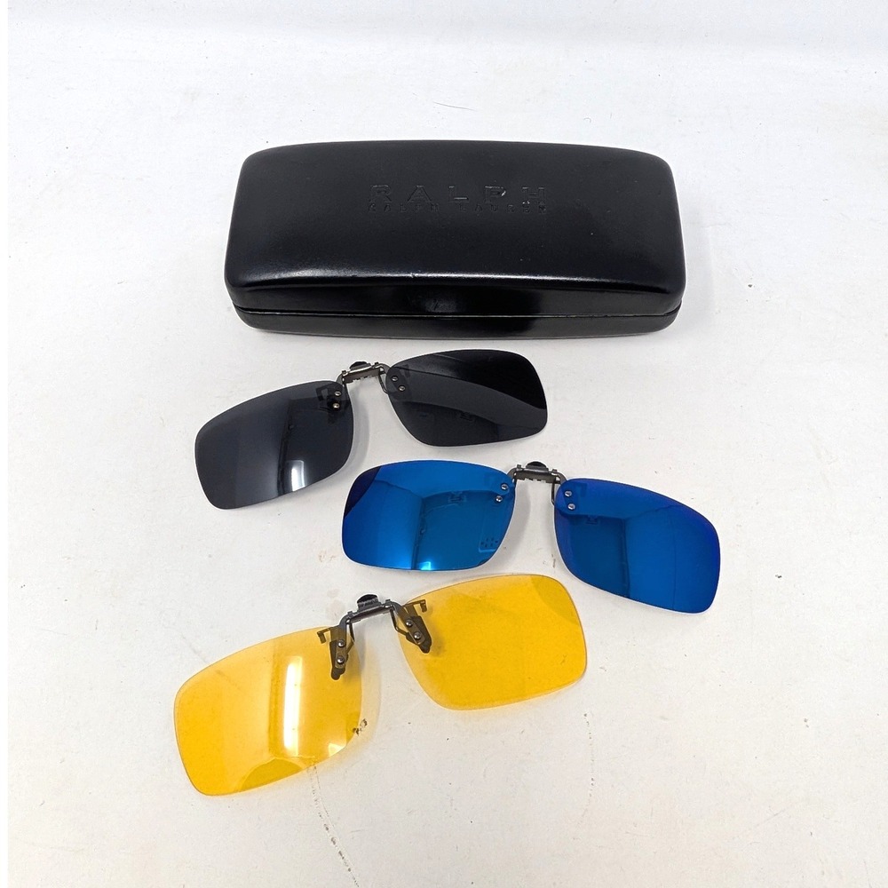 Set of 3 Clip On Sunglasses Lenses Blue Mirror Yellow Smoke with Ralph Case